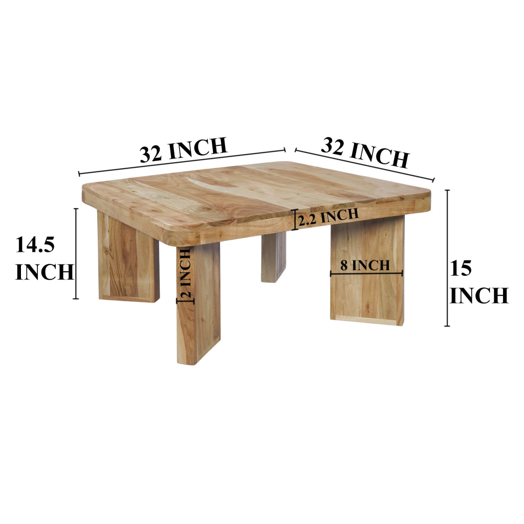 Cascade 32 Inch Coffee Table Handcrafted Natural Acacia Wood Square Top with Diagonal Wide Panel Legs By The Urban Port UPT-314337