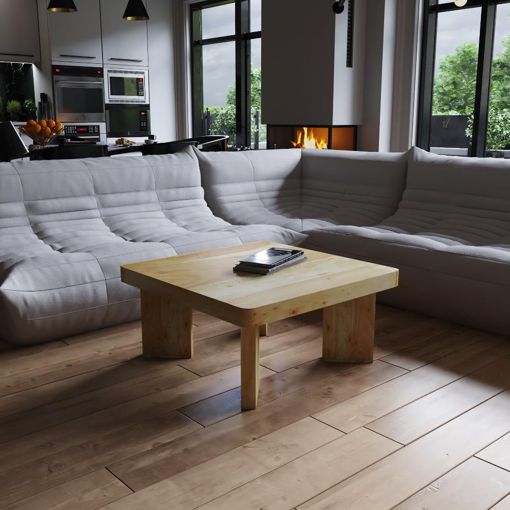 Cascade 32 Inch Coffee Table, Handcrafted Natural Acacia Wood, Square Top with Diagonal Wide Panel Legs By The Urban Port