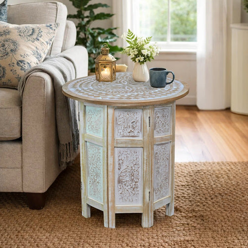 Accent Side Table, Mango Wood 18 Inch Round Top, Hand Carved Inlay Mandala Design, Washed White