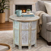 Accent Side Table, Mango Wood 18 Inch Round Top, Hand Carved Inlay Mandala Design, Washed White