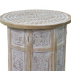 Accent Side Table, Mango Wood 18 Inch Round Top, Hand Carved Inlay Mandala Design, Washed White