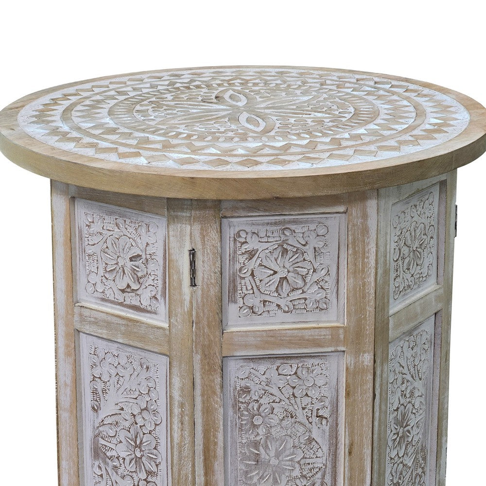 Accent Side Table, Mango Wood 18 Inch Round Top, Hand Carved Inlay Mandala Design, Washed White