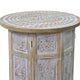 Accent Side Table, Mango Wood 18 Inch Round Top, Hand Carved Inlay Mandala Design, Washed White