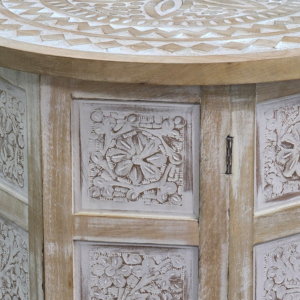 Accent Side Table Mango Wood 18 Inch Round Top Hand Carved Inlay Mandala Design Washed White UPT-315245