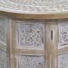 Accent Side Table, Mango Wood 18 Inch Round Top, Hand Carved Inlay Mandala Design, Washed White