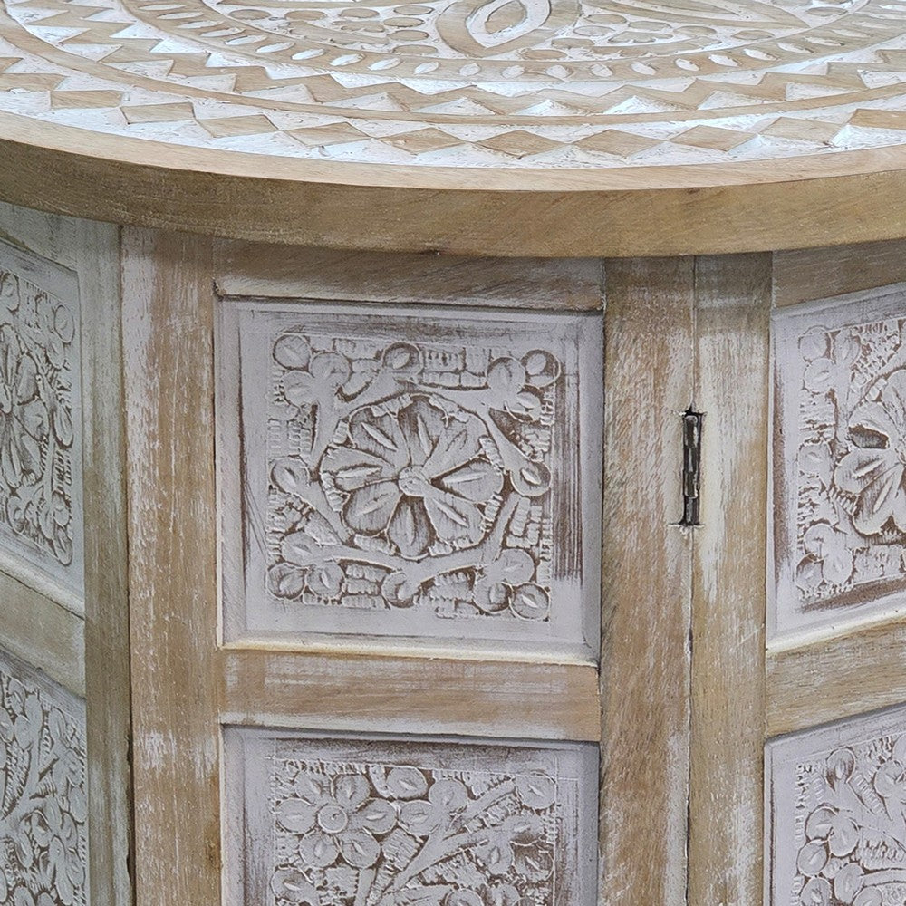 Accent Side Table, Mango Wood 18 Inch Round Top, Hand Carved Inlay Mandala Design, Washed White