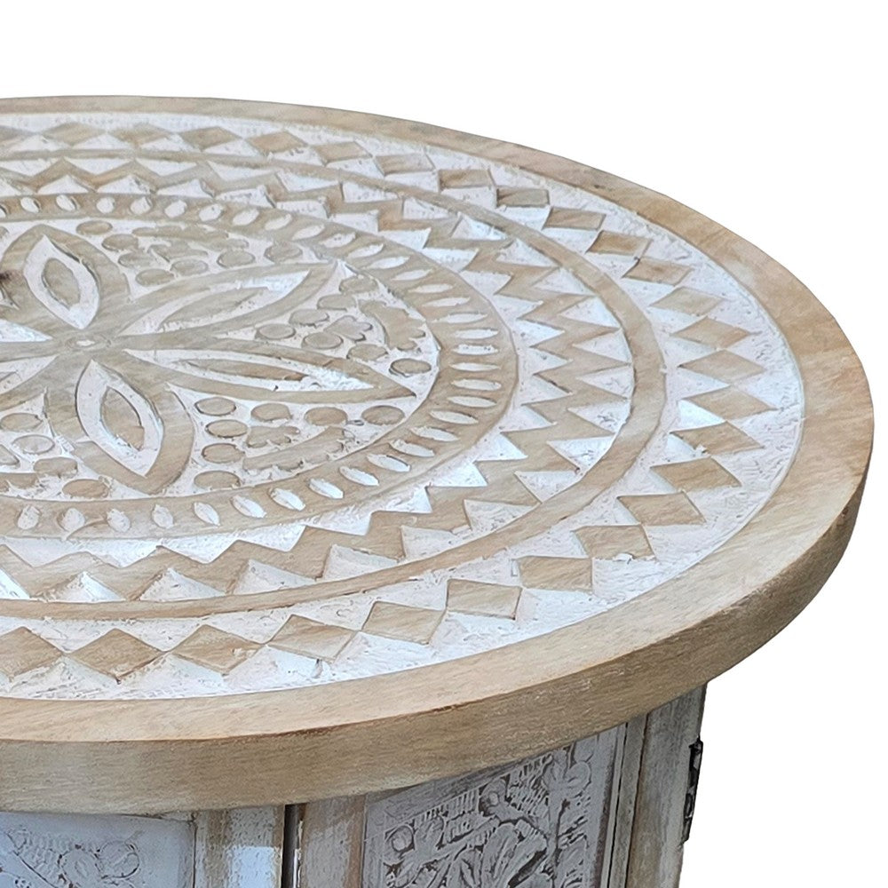Accent Side Table, Mango Wood 18 Inch Round Top, Hand Carved Inlay Mandala Design, Washed White