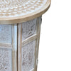 Accent Side Table, Mango Wood 18 Inch Round Top, Hand Carved Inlay Mandala Design, Washed White