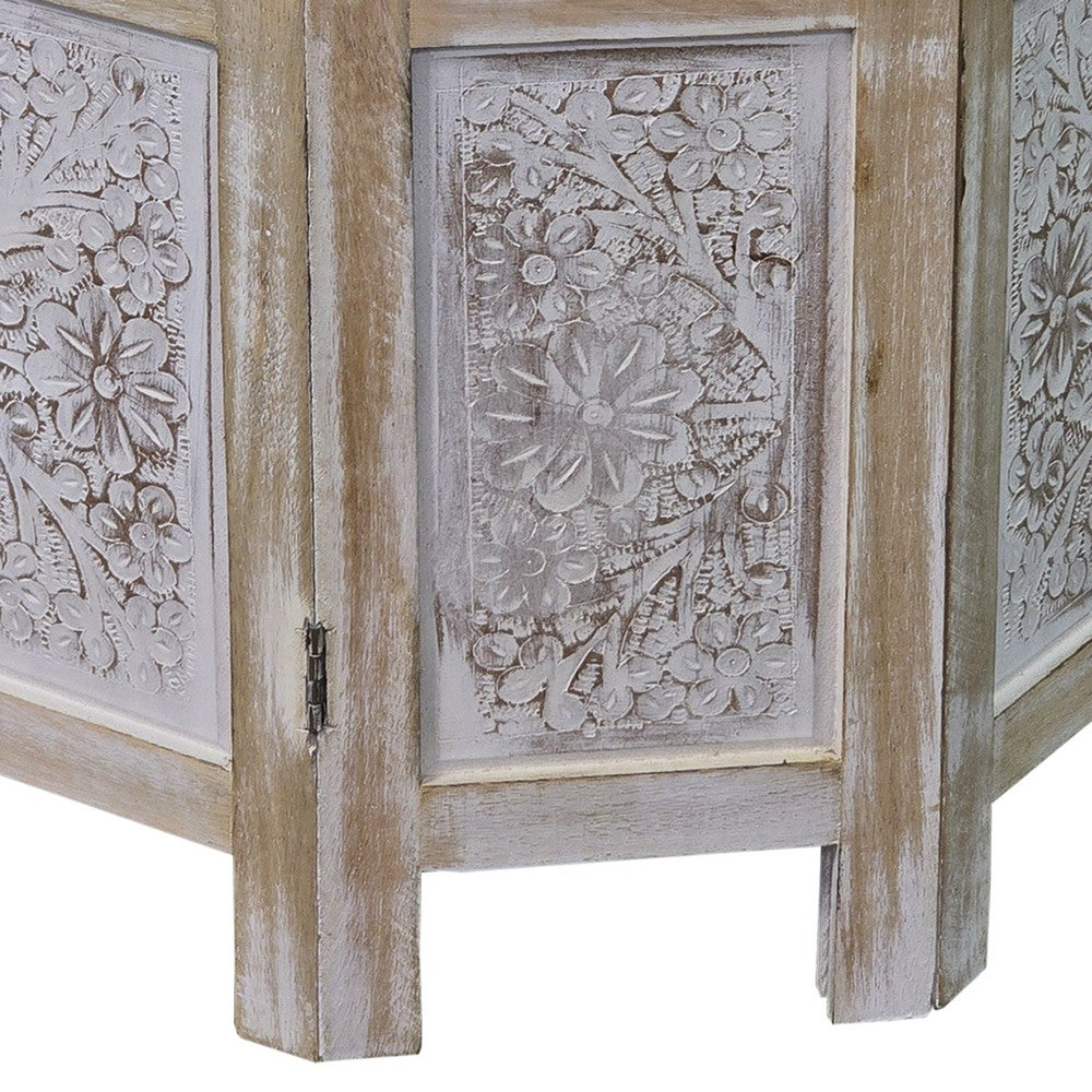 Accent Side Table, Mango Wood 18 Inch Round Top, Hand Carved Inlay Mandala Design, Washed White