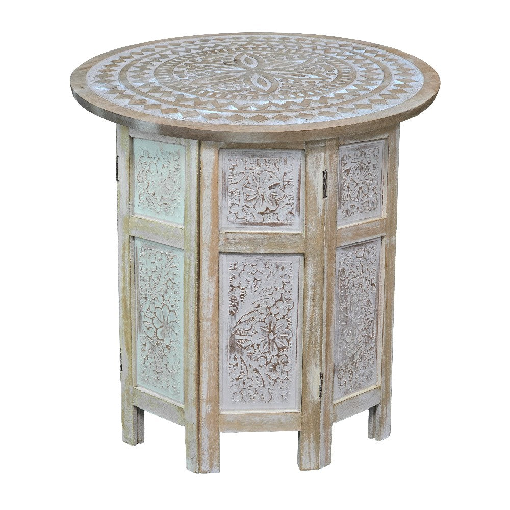 Accent Side Table, Mango Wood 18 Inch Round Top, Hand Carved Inlay Mandala Design, Washed White