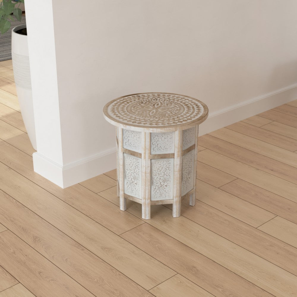 Accent Side Table, Mango Wood 18 Inch Round Top, Hand Carved Inlay Mandala Design, Washed White