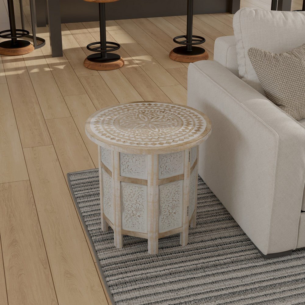 Accent Side Table, Mango Wood 18 Inch Round Top, Hand Carved Inlay Mandala Design, Washed White
