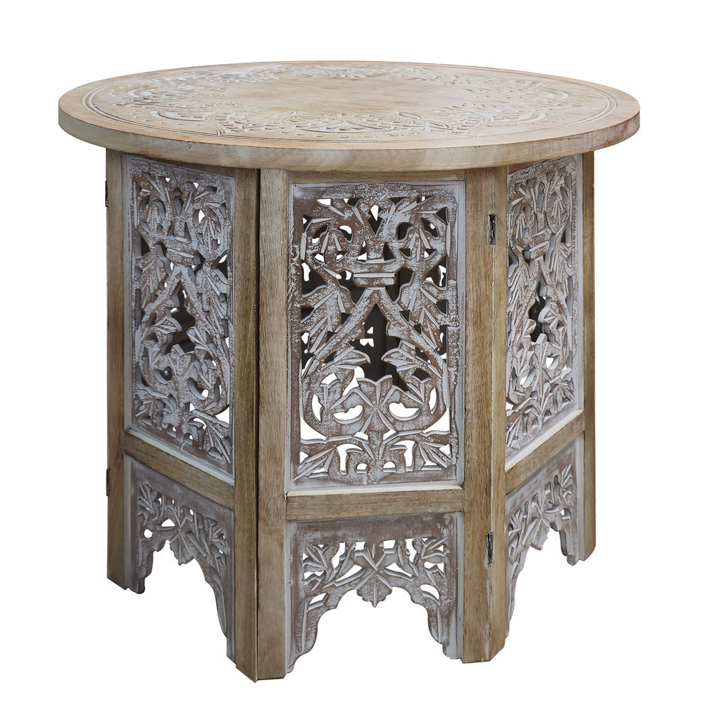 Accent Side Table 24 Inch Round Top Mango Wood Floral Cut Out Carved Motifs Washed White UPT-315246