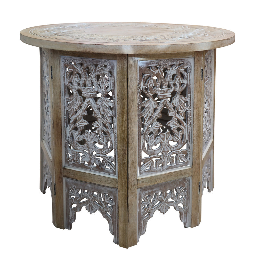 Accent Side Table 24 Inch Round Top Mango Wood Floral Cut Out Carved Motifs Washed White UPT-315246