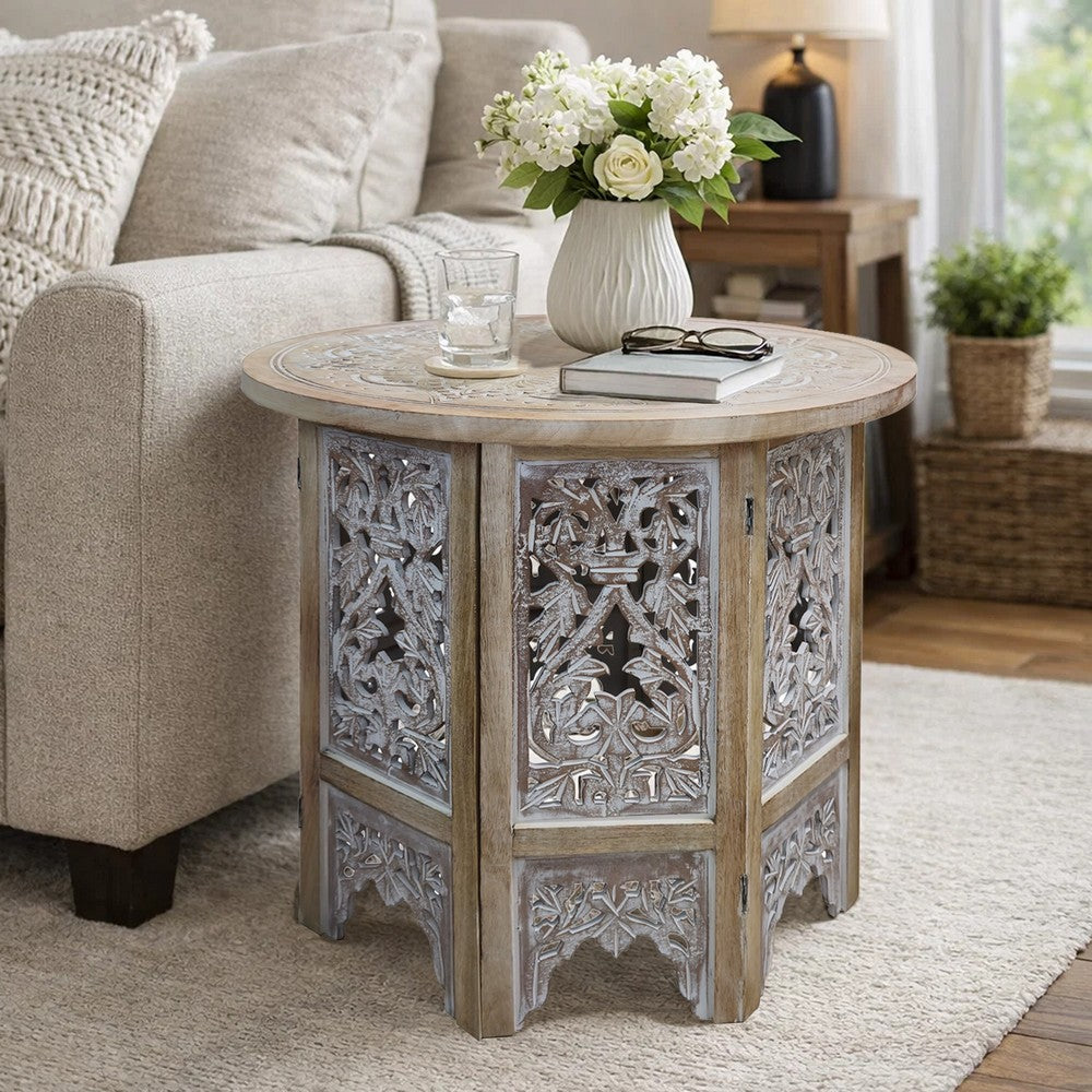 Accent Side Table, 24 Inch Round Top, Mango Wood Floral Cut Out Carved Motifs, Washed White