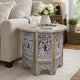 Accent Side Table, 24 Inch Round Top, Mango Wood Floral Cut Out Carved Motifs, Washed White