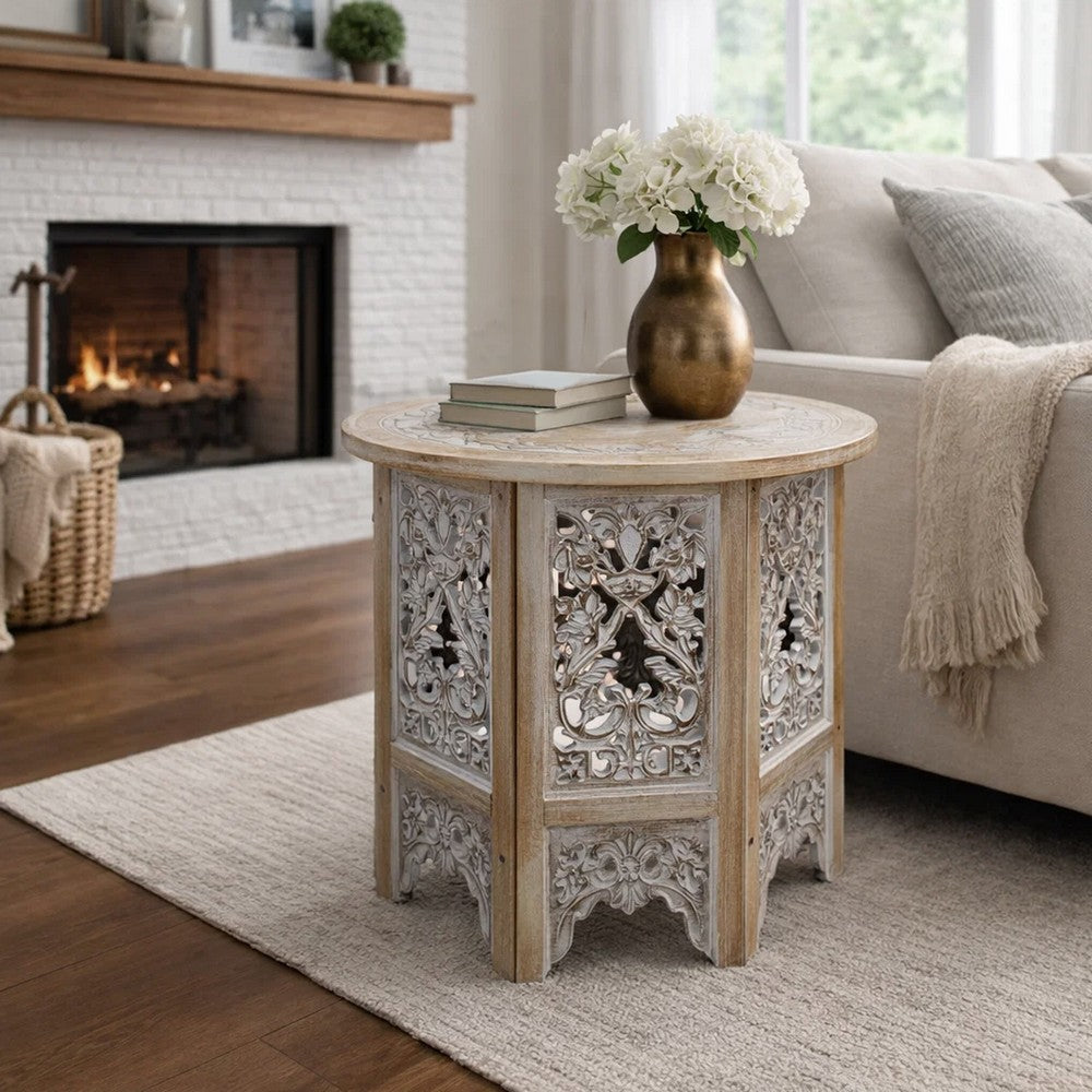 Accent Side Table, 24 Inch Round Top, Mango Wood Floral Cut Out Carved Motifs, Washed White