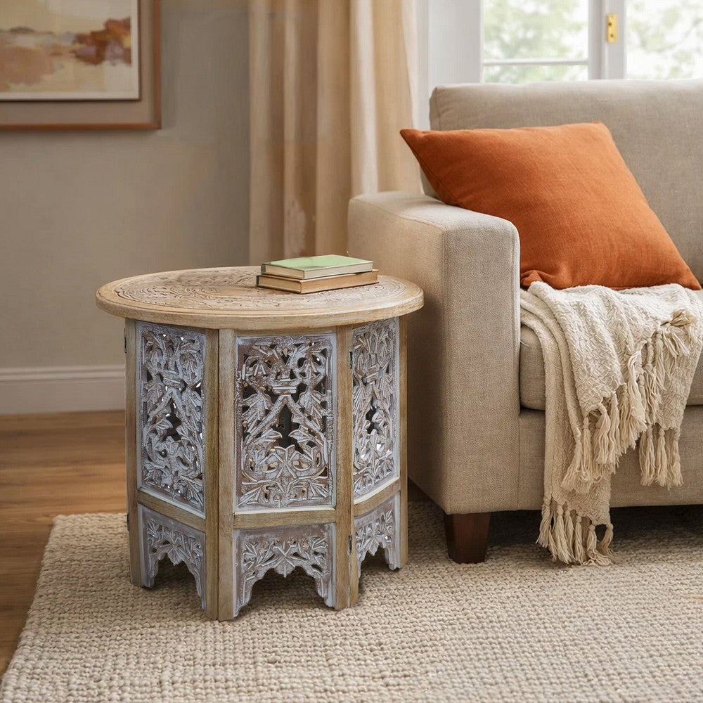 Accent Side Table, 24 Inch Round Top, Mango Wood Floral Cut Out Carved Motifs, Washed White