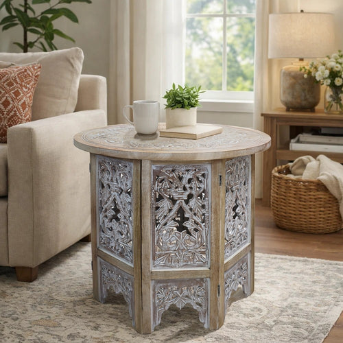 Accent Side Table, 24 Inch Round Top, Mango Wood Floral Cut Out Carved Motifs, Washed White