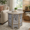 Accent Side Table, 24 Inch Round Top, Mango Wood Floral Cut Out Carved Motifs, Washed White