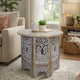 Accent Side Table, 24 Inch Round Top, Mango Wood Floral Cut Out Carved Motifs, Washed White
