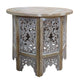 Accent Side Table, 24 Inch Round Top, Mango Wood Floral Cut Out Carved Motifs, Washed White