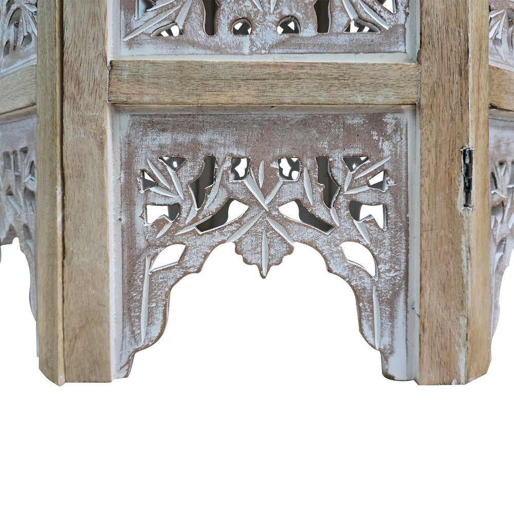 Accent Side Table, 24 Inch Round Top, Mango Wood Floral Cut Out Carved Motifs, Washed White