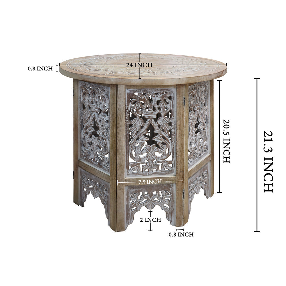 Accent Side Table 24 Inch Round Top Mango Wood Floral Cut Out Carved Motifs Washed White UPT-315246