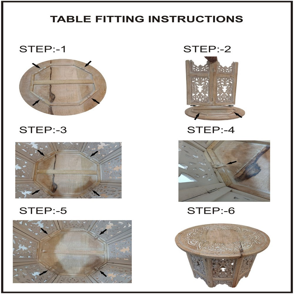 Accent Side Table, 24 Inch Round Top, Mango Wood Floral Cut Out Carved Motifs, Washed White