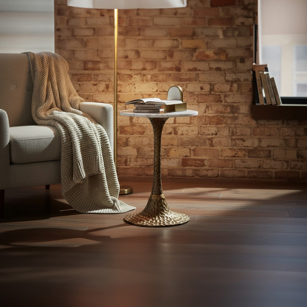 Tyler 20.5 Inch Accent Side Table, Round White Marble Top, Antique Brass Hammered Pedestal Base By The Urban Port