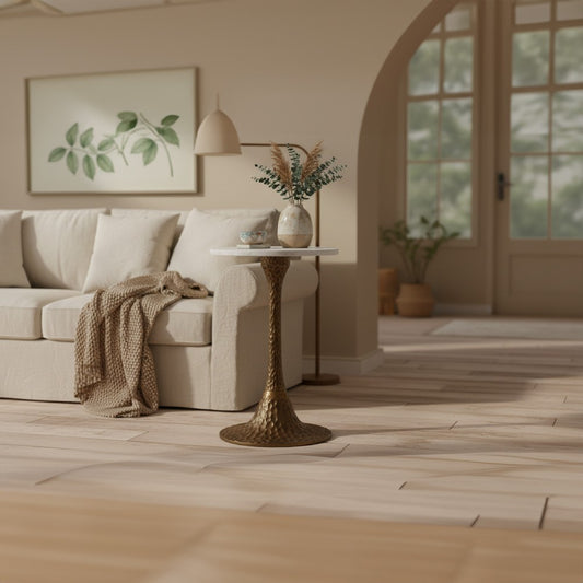 Tyler 20.5 Inch Accent Side Table, Round White Marble Top, Antique Brass Hammered Pedestal Base By The Urban Port