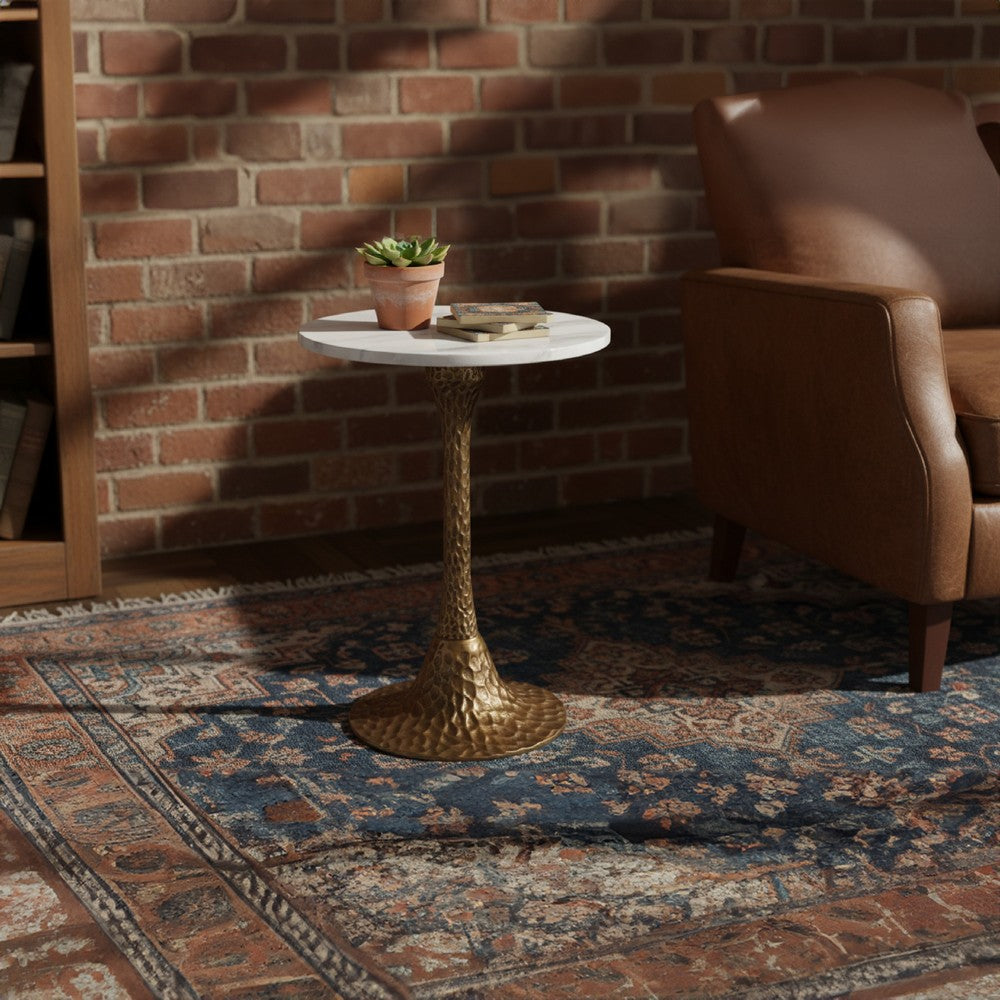 Tyler 20.5 Inch Accent Side Table, Round White Marble Top, Antique Brass Hammered Pedestal Base By The Urban Port