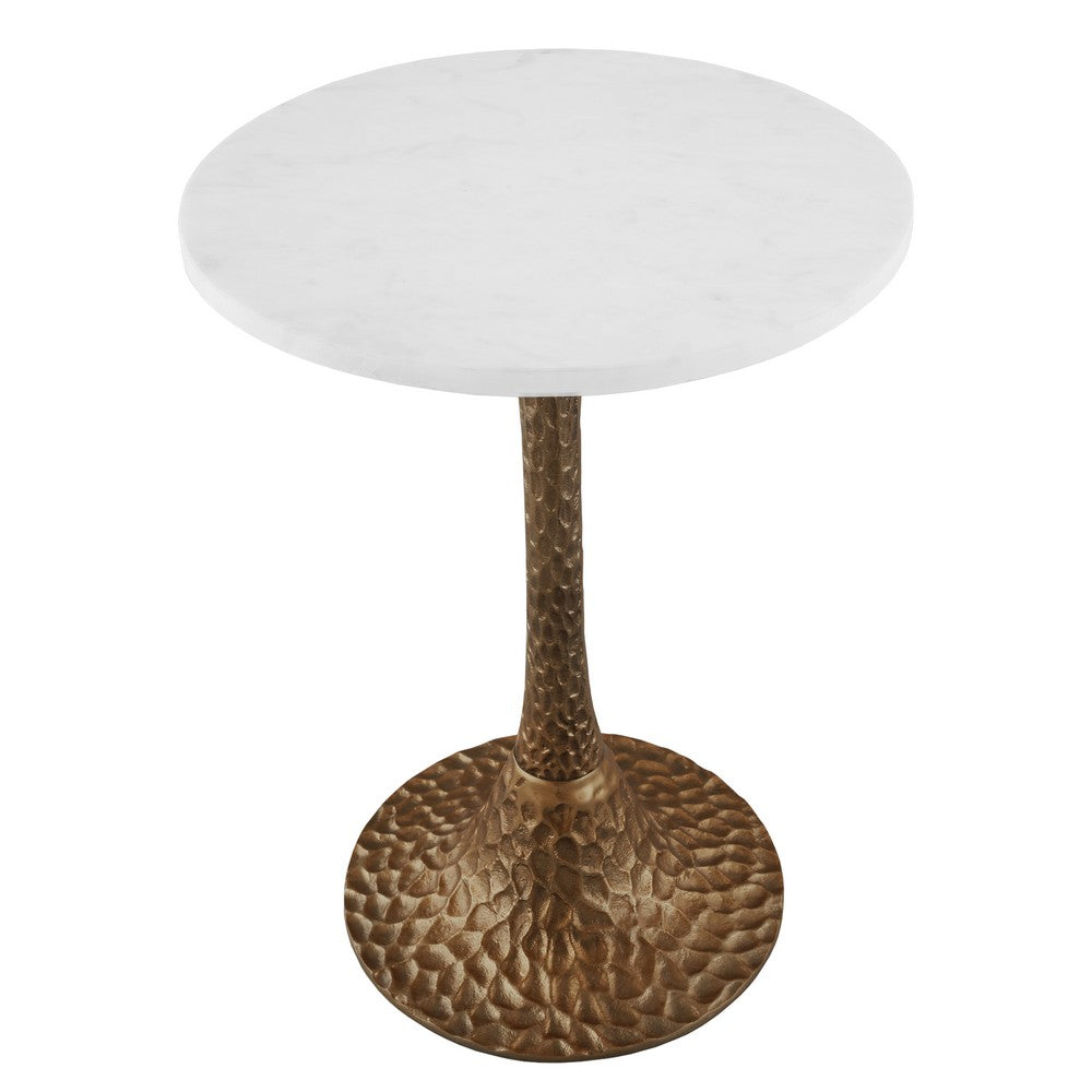Tyler 20.5 Inch Accent Side Table, Round White Marble Top, Antique Brass Hammered Pedestal Base By The Urban Port