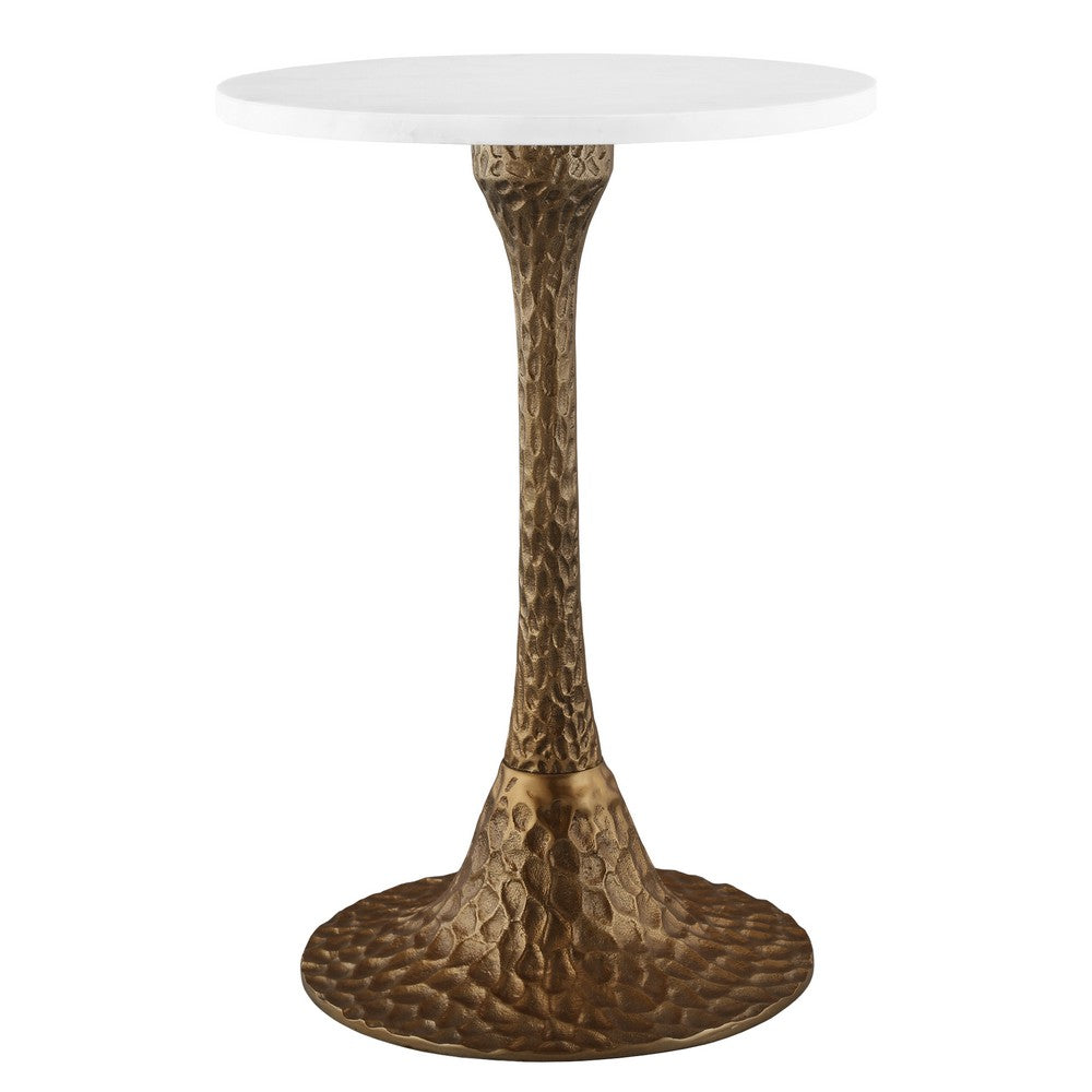 Tyler 20.5 Inch Accent Side Table, Round White Marble Top, Antique Brass Hammered Pedestal Base By The Urban Port