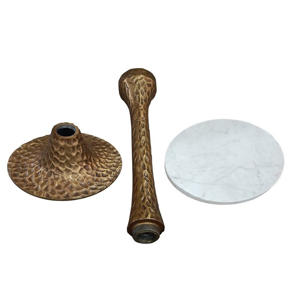 Tyler 20.5 Inch Accent Side Table, Round White Marble Top, Antique Brass Hammered Pedestal Base By The Urban Port