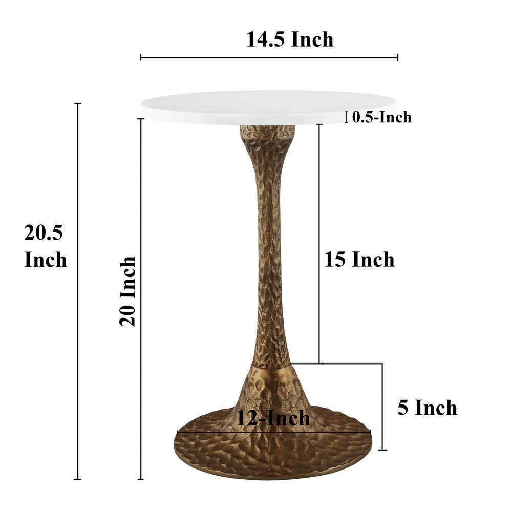 Tyler 20.5 Inch Accent Side Table, Round White Marble Top, Antique Brass Hammered Pedestal Base By The Urban Port