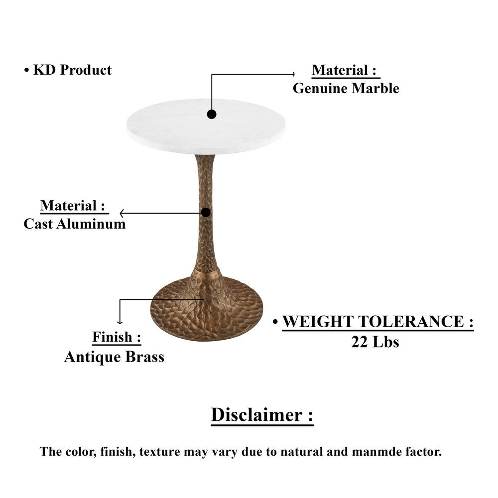 Tyler 20.5 Inch Accent Side Table, Round White Marble Top, Antique Brass Hammered Pedestal Base By The Urban Port