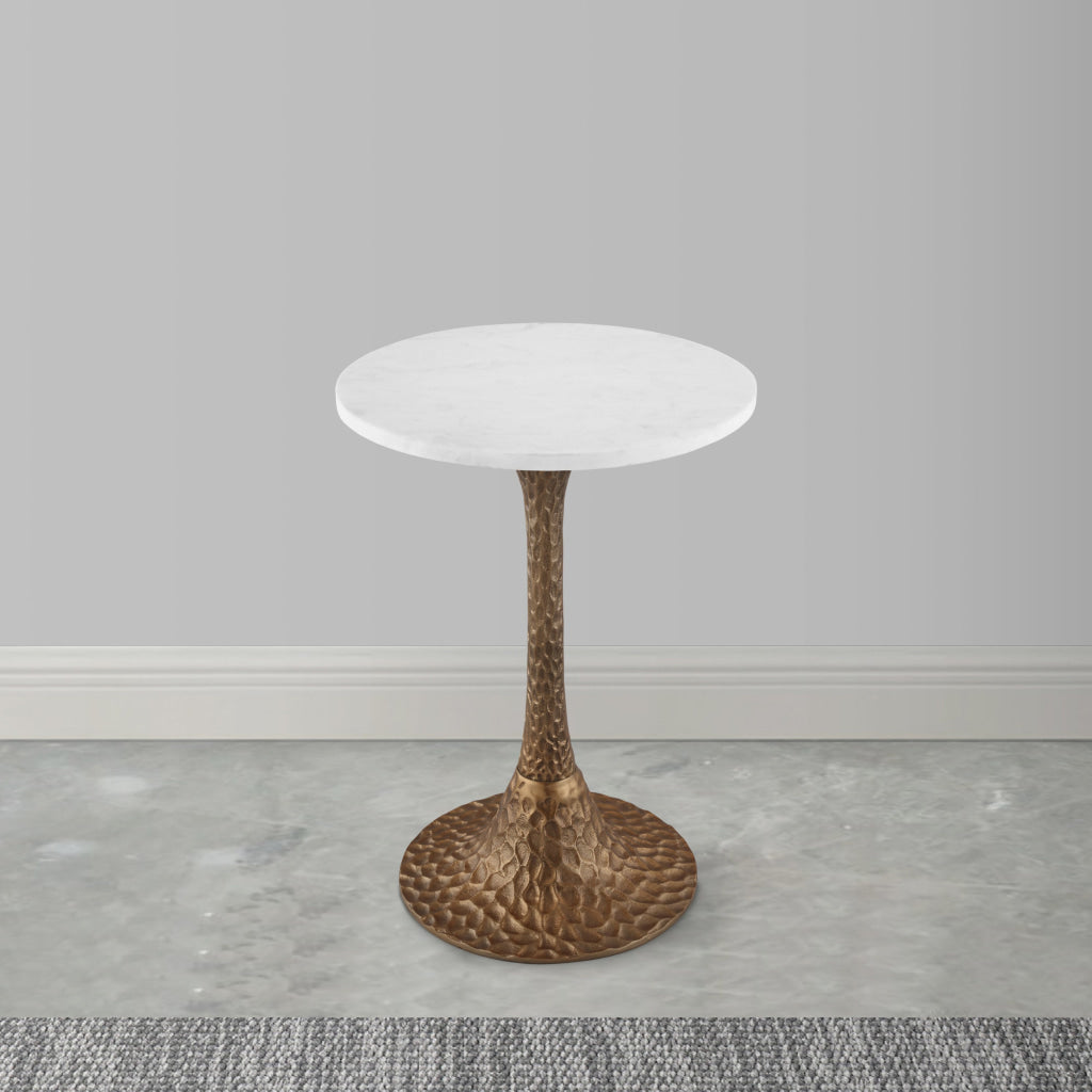 Tyler Accent Side Table 14.5 Inch Round White Marble Top Antique Brass Hammered Pedestal Base - The Urban Port UPT-315640