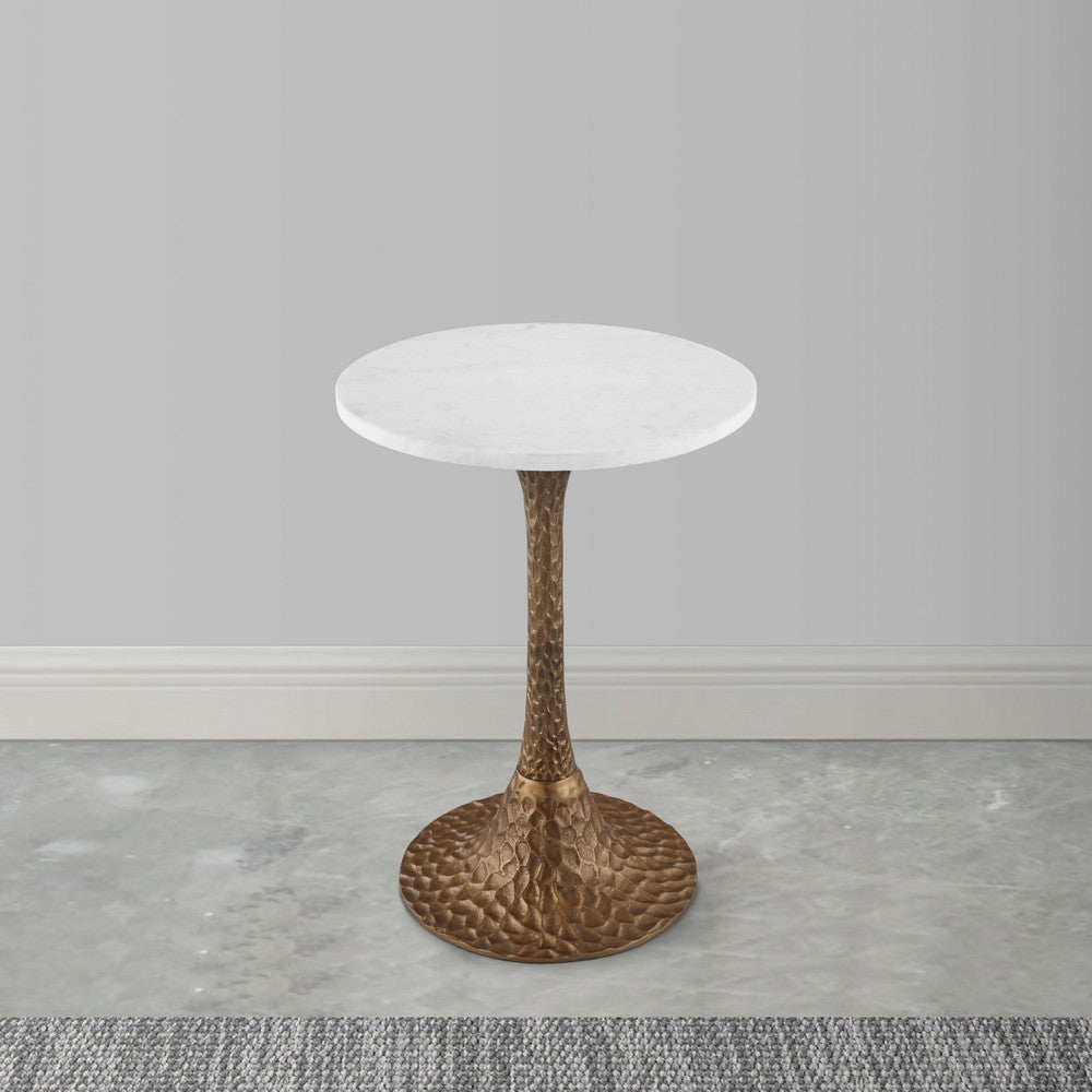 Tyler 20.5 Inch Accent Side Table, Round White Marble Top, Antique Brass Hammered Pedestal Base By The Urban Port