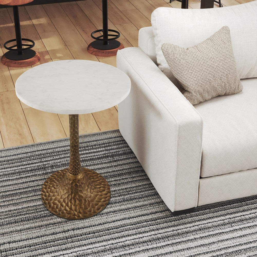 Tyler 20.5 Inch Accent Side Table, Round White Marble Top, Antique Brass Hammered Pedestal Base By The Urban Port