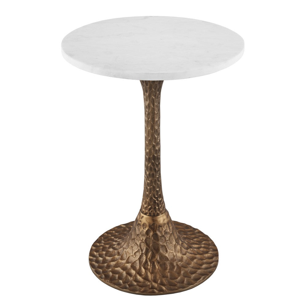 Tyler 20.5 Inch Accent Side Table, Round White Marble Top, Antique Brass Hammered Pedestal Base By The Urban Port