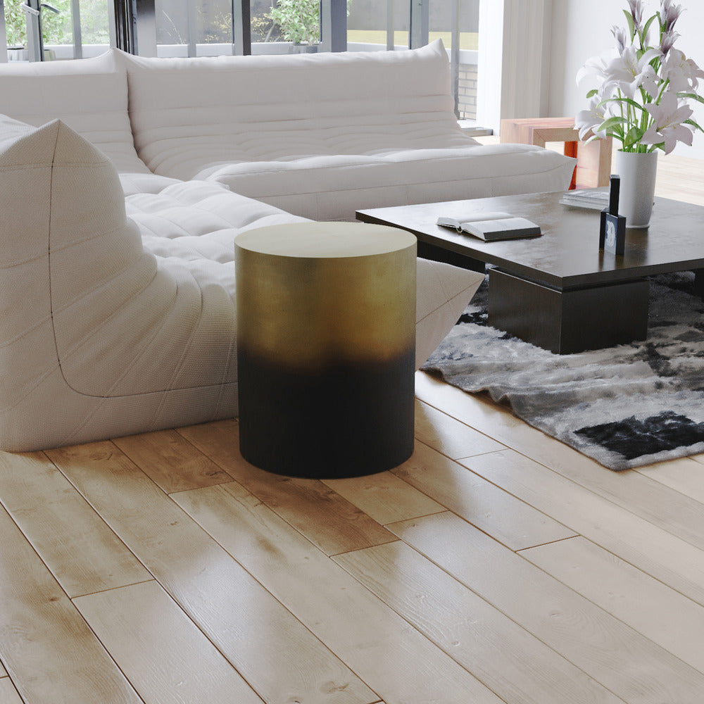 Dyan 20 Inch Side End Table, Round Drum Shape, Black, Gold Antique Brass Ombre By The Urban Port