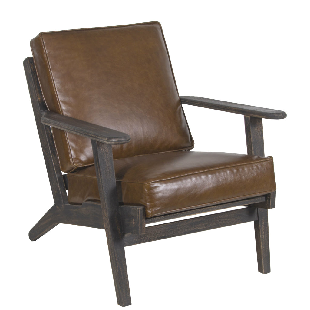 Amber Accent Chair Handcrafted Slatted Mango Wood Brown Buffalo Leather Cushions Angled Legs - The Urban Port UPT-315762