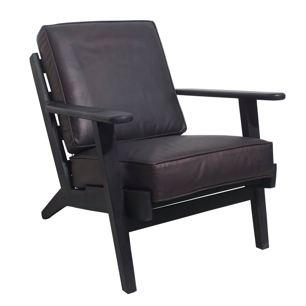 Amber Accent Chair Handcrafted Slatted Mango Wood Black Buffalo Leather Cushions Angled Legs - The Urban Port UPT-315763