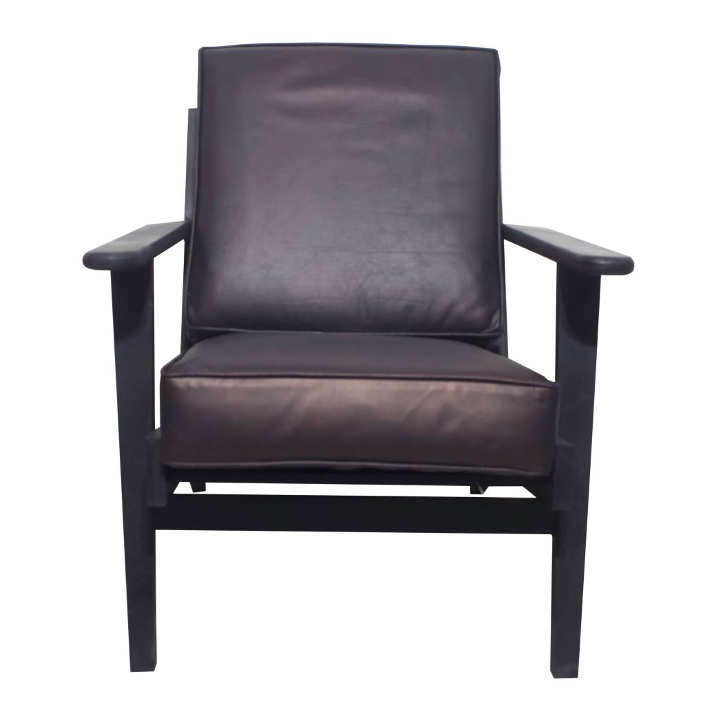 Amber Accent Chair Handcrafted Slatted Mango Wood Black Buffalo Leather Cushions Angled Legs - The Urban Port UPT-315763