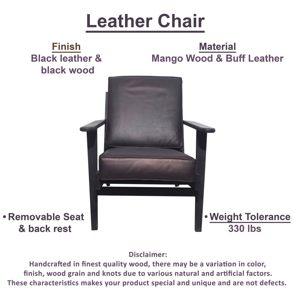 Amber Accent Chair Handcrafted Slatted Mango Wood Black Buffalo Leather Cushions Angled Legs - The Urban Port UPT-315763