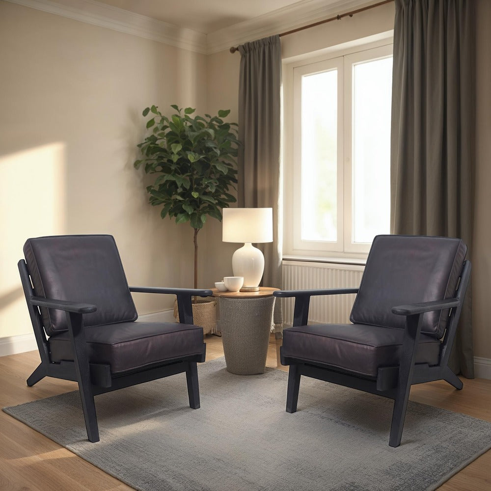 Amber Accent Chair, Handcrafted Slatted Mango Wood, Black Buffalo Leather Cushions, Angled Legs - The Urban Port