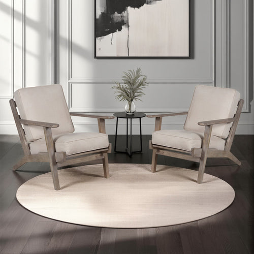 Amber Accent Chair, Handcrafted Washed Ash Gray Mango Wood, Beige Fabric Cushions, Angled Legs