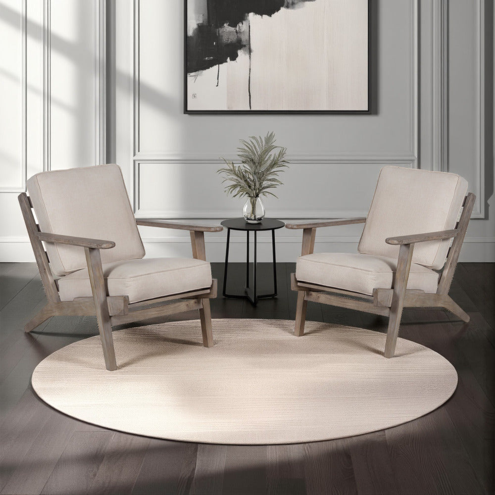 Amber Accent Chair, Handcrafted Washed Ash Gray Mango Wood, Beige Fabric Cushions, Angled Legs