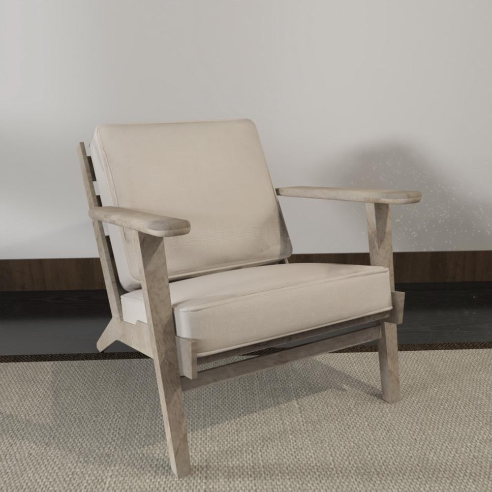 Amber Accent Chair Handcrafted Washed Ash Gray Mango Wood Beige Fabric Cushions Angled Legs UPT-315764